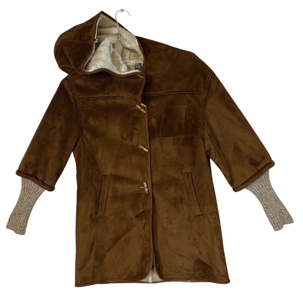 Zara Kids Brown Faux Suede Hooded Duffle Coat Toggle Closure Size 11-12 152cm